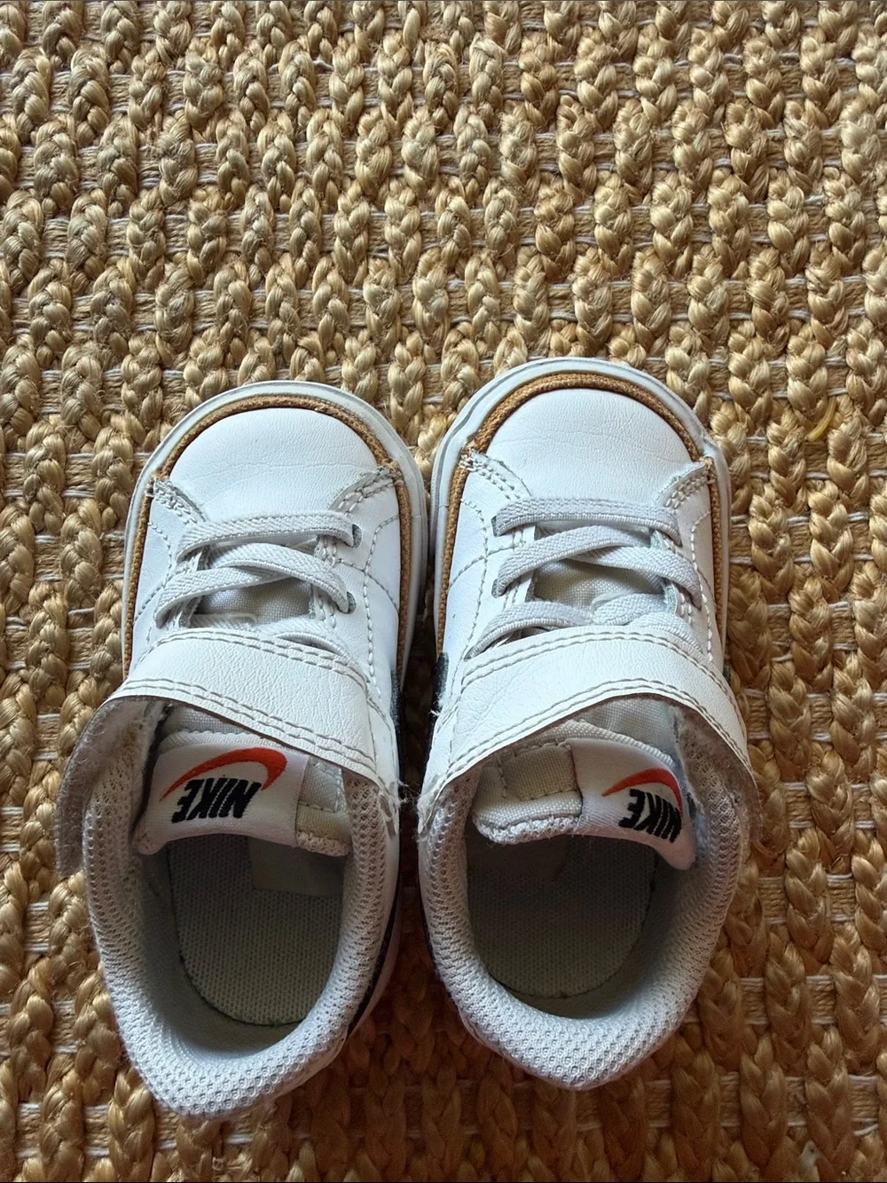 Nike Kids White Sneakers with Black Swoosh and Tan Trim